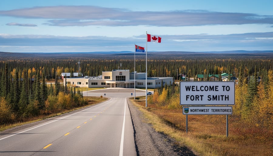 Aerial view of Fort Smith town surrounded by boreal forest in Northwest Territories