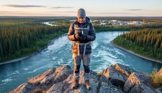 Traveler on a rocky overlook above the Slave River in Fort Smith, Northwest Territories, looking at a smartphone, with boreal forest, river rapids, and town rooftops in warm sunset light.