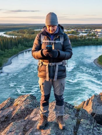 Traveler on a rocky overlook above the Slave River in Fort Smith, Northwest Territories, looking at a smartphone, with boreal forest, river rapids, and town rooftops in warm sunset light.