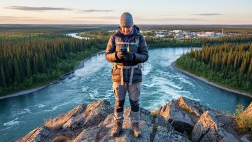 Traveler on a rocky overlook above the Slave River in Fort Smith, Northwest Territories, looking at a smartphone, with boreal forest, river rapids, and town rooftops in warm sunset light.