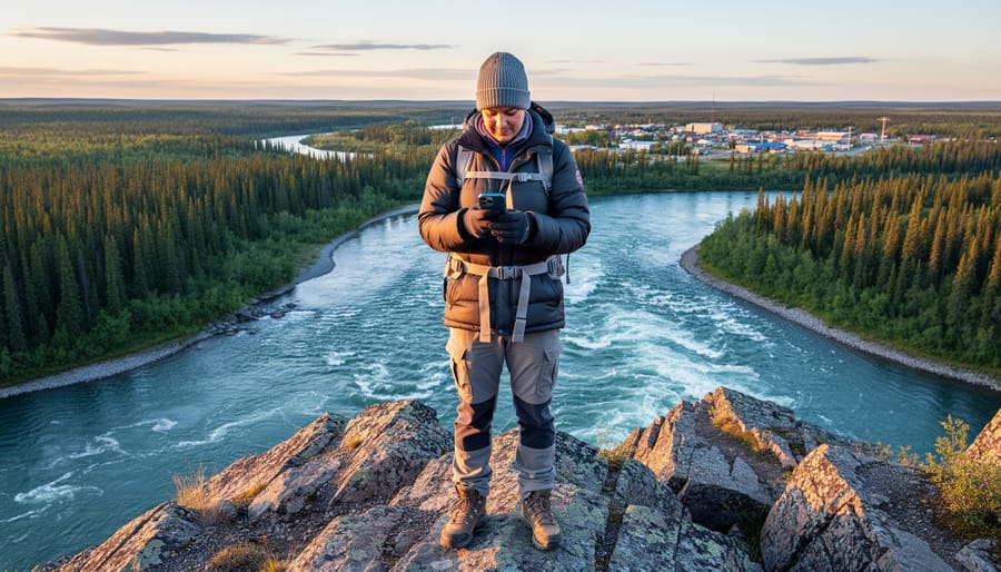 Traveler on a rocky overlook above the Slave River in Fort Smith, Northwest Territories, looking at a smartphone, with boreal forest, river rapids, and town rooftops in warm sunset light.