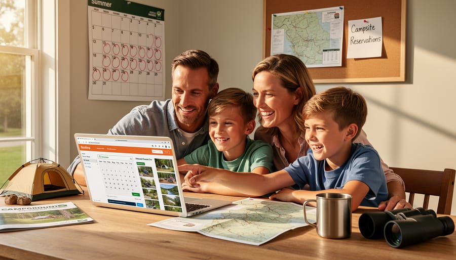 Empty campsite with picnic table and fire ring in wooded setting at golden hour