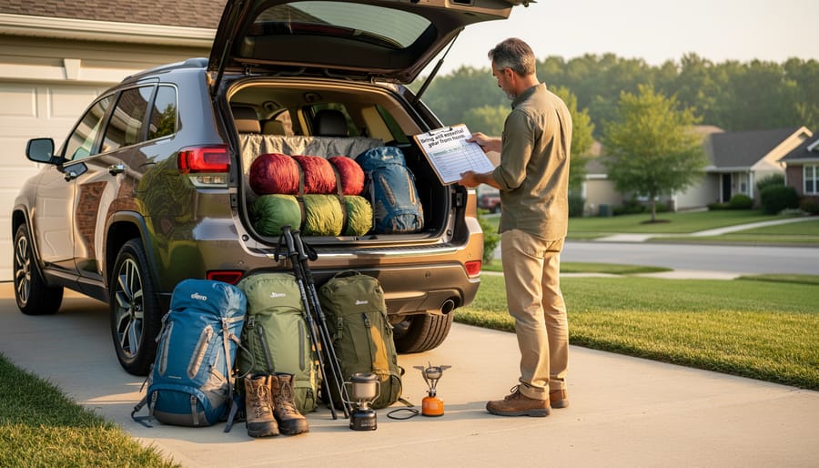 Camping and outdoor gear arranged on wooden porch including tent, sleeping bags, and supplies