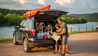 Family at an SUV tailgate organizing water, first-aid kit, snacks, and a folded map with a kayak on the roof, beside a river and forested bluffs at sunrise, with storm clouds building in the distance.