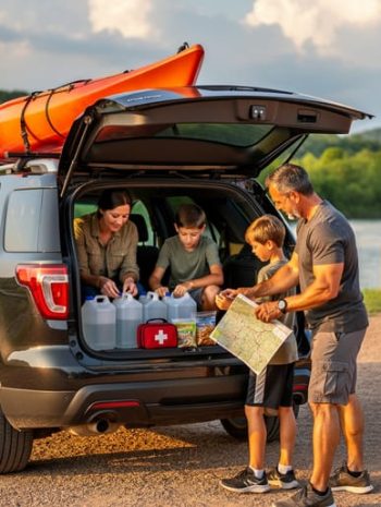 Family at an SUV tailgate organizing water, first-aid kit, snacks, and a folded map with a kayak on the roof, beside a river and forested bluffs at sunrise, with storm clouds building in the distance.