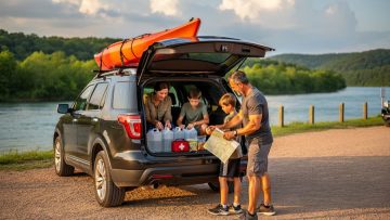 Family at an SUV tailgate organizing water, first-aid kit, snacks, and a folded map with a kayak on the roof, beside a river and forested bluffs at sunrise, with storm clouds building in the distance.