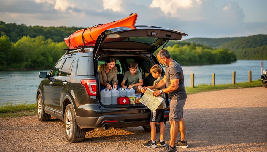 Family at an SUV tailgate organizing water, first-aid kit, snacks, and a folded map with a kayak on the roof, beside a river and forested bluffs at sunrise, with storm clouds building in the distance.