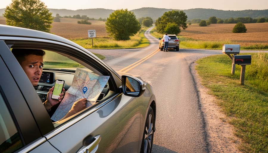 Family in car looking confused while using GPS navigation on smartphone