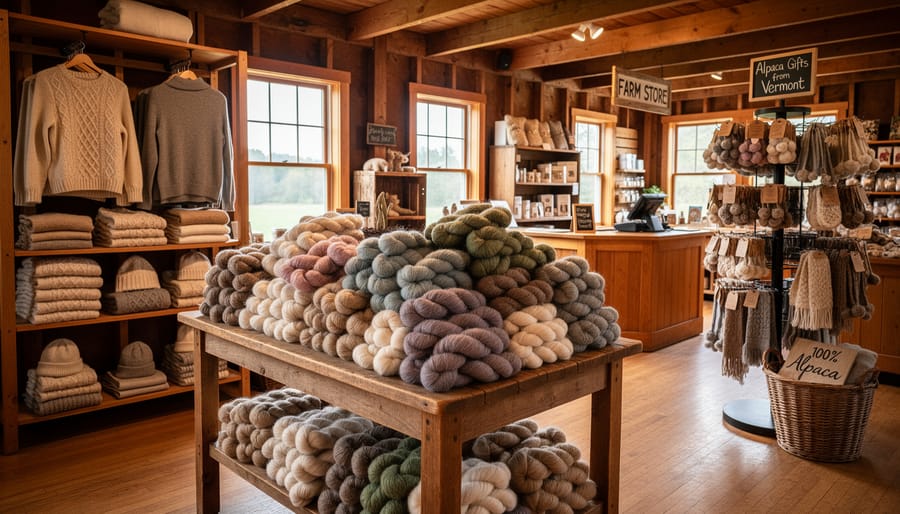 Display of alpaca yarn and knitted products at farm store