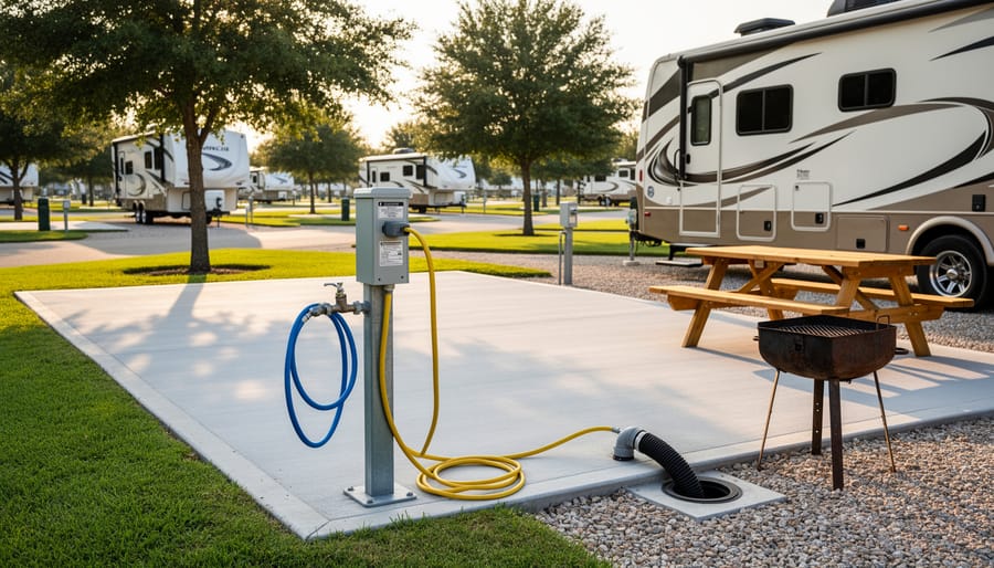 RV campsite with full hookups, picnic table, and grill surrounded by pine trees