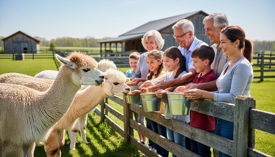 Child feeding alpaca by hand during farm visit
