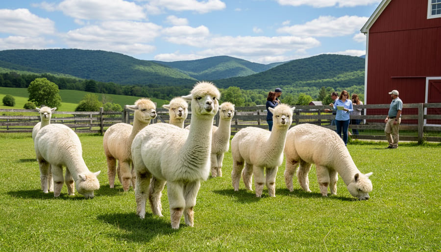 Alpacas grazing in green pasture with Vermont hills in background