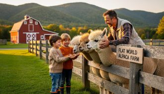 Family with two children feeding alpacas at a rustic Vermont farm, wooden fence in the foreground and a red barn with rolling green hills softly blurred in the background under warm golden-hour light.