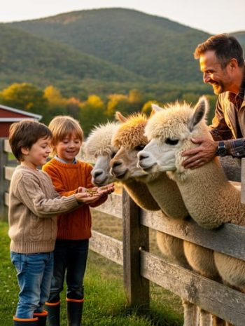 Family with two children feeding alpacas at a rustic Vermont farm, wooden fence in the foreground and a red barn with rolling green hills softly blurred in the background under warm golden-hour light.