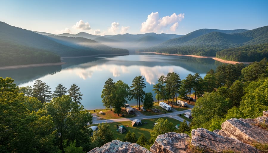 Scenic view of Lake Fort Smith with forested Boston Mountains reflected in calm blue water