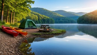 Lakeside campsite at Lake Fort Smith State Park, Arkansas, with a green dome tent, picnic table, stone fire ring, and two kayaks on a pebbly shore at sunrise, the calm lake reflecting surrounding hardwood forests and distant Boston Mountains ridges.