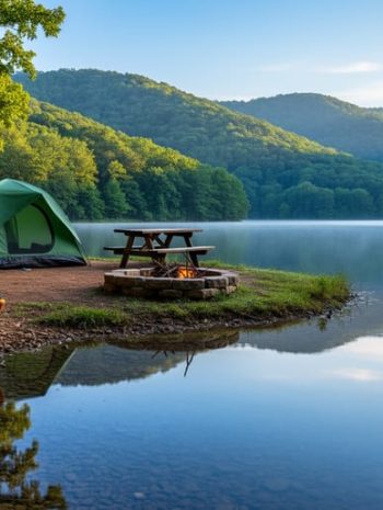 Lakeside campsite at Lake Fort Smith State Park, Arkansas, with a green dome tent, picnic table, stone fire ring, and two kayaks on a pebbly shore at sunrise, the calm lake reflecting surrounding hardwood forests and distant Boston Mountains ridges.