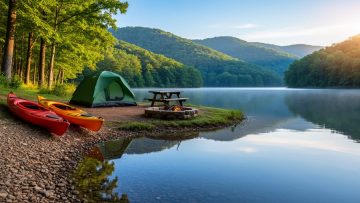 Lakeside campsite at Lake Fort Smith State Park, Arkansas, with a green dome tent, picnic table, stone fire ring, and two kayaks on a pebbly shore at sunrise, the calm lake reflecting surrounding hardwood forests and distant Boston Mountains ridges.