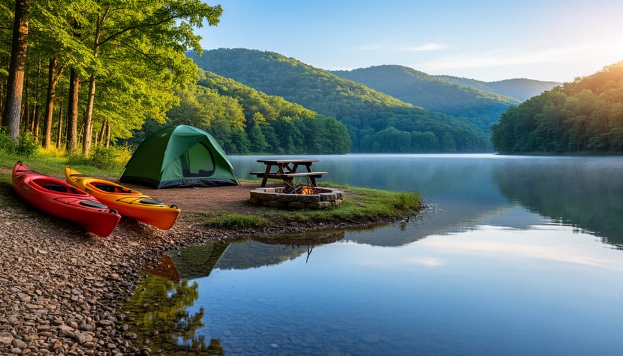Lakeside campsite at Lake Fort Smith State Park, Arkansas, with a green dome tent, picnic table, stone fire ring, and two kayaks on a pebbly shore at sunrise, the calm lake reflecting surrounding hardwood forests and distant Boston Mountains ridges.