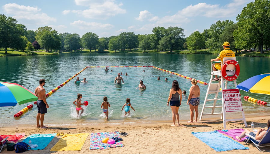 Lake Fort Smith swimming beach with sandy shore, clear water, and wooden dock