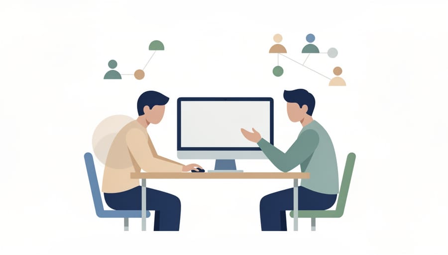 Two adult learners working together at a computer station while one points and the other writes notes