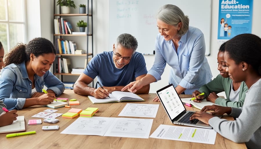 Adult writing study notes with an open workbook and laptop on a table in a learning classroom