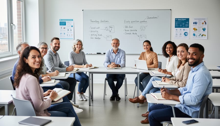 Adults in a classroom with a facilitator teaching and students listening at tables