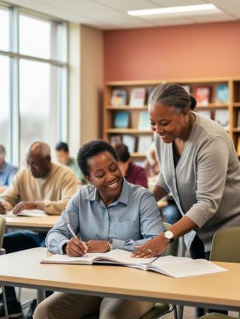 “Diverse adults learning in a bright classroom at the Fort Smith Adult Education Center while an instructor provides guidance.”