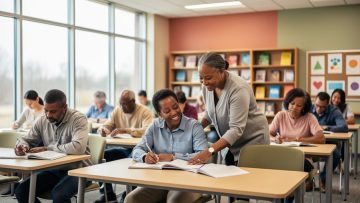 “Diverse adults learning in a bright classroom at the Fort Smith Adult Education Center while an instructor provides guidance.”