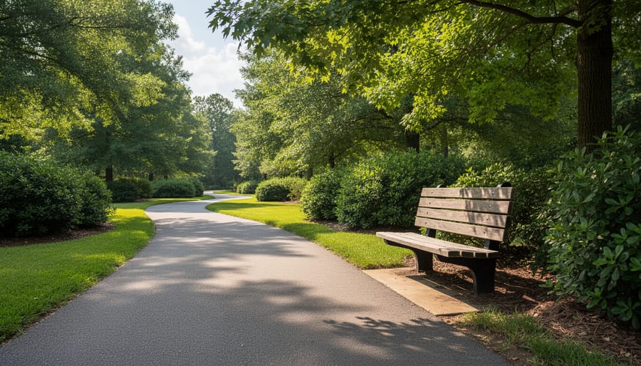 A couple resting on a bench along a quiet walking trail in a green park area in Fort Smith.