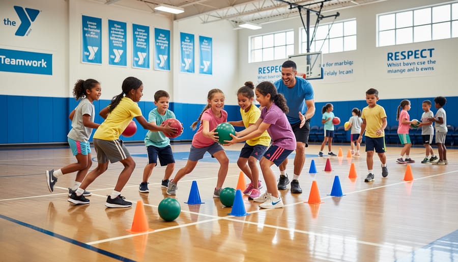 Children and teens playing sports together inside the YMCA gym