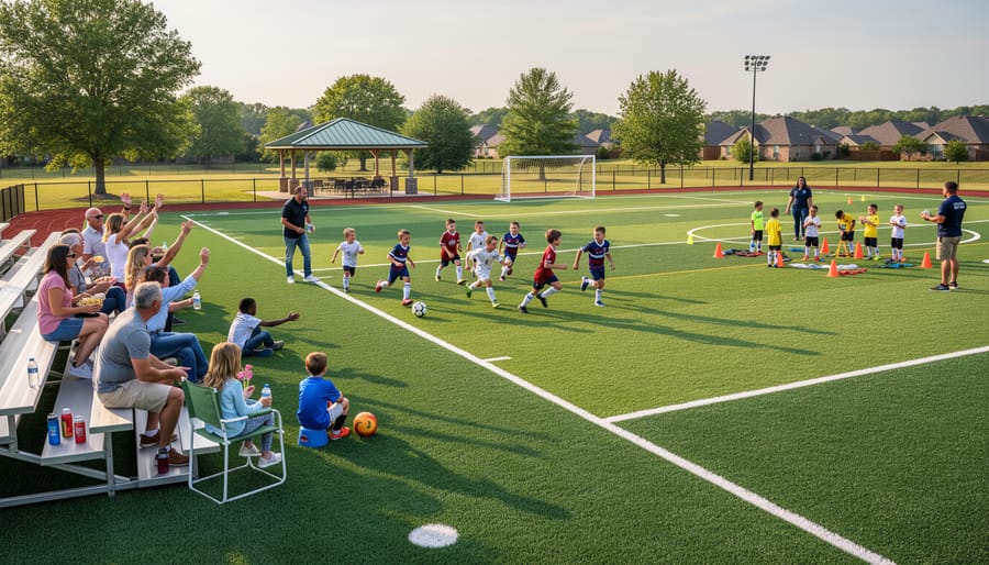 Children playing soccer or field sports with an adult supervisor at a community recreation facility in Fort Smith.