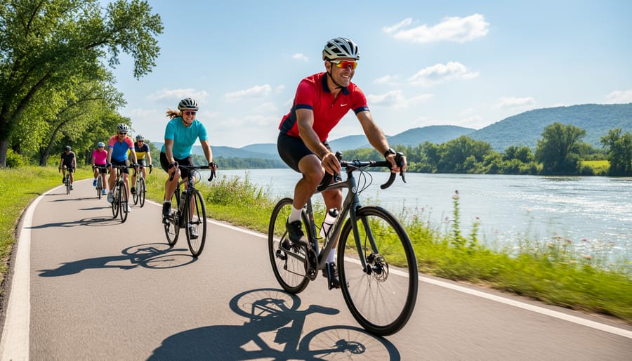 Cyclists biking along the Arkansas River Trail with the river visible in the background
