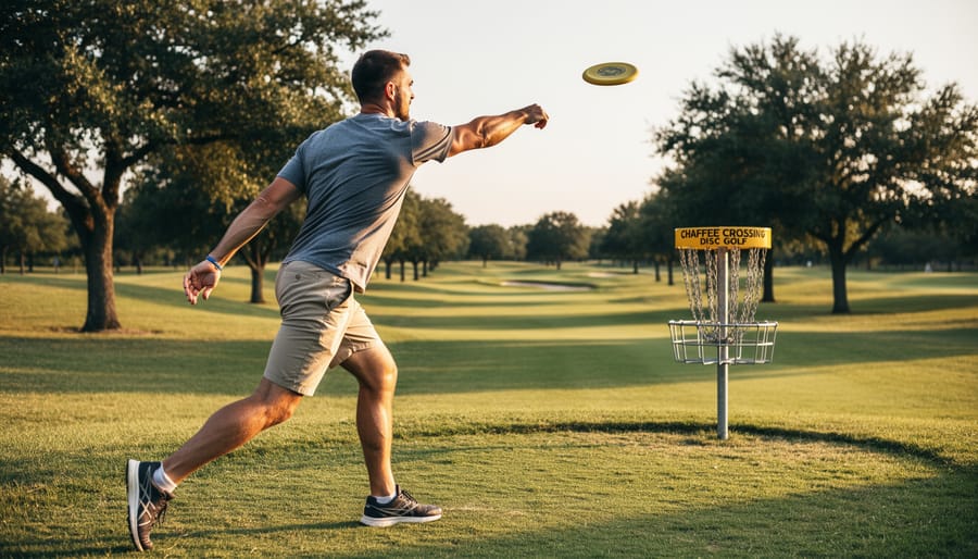 Disc golf player throwing a disc toward a basket at Chaffee Crossing