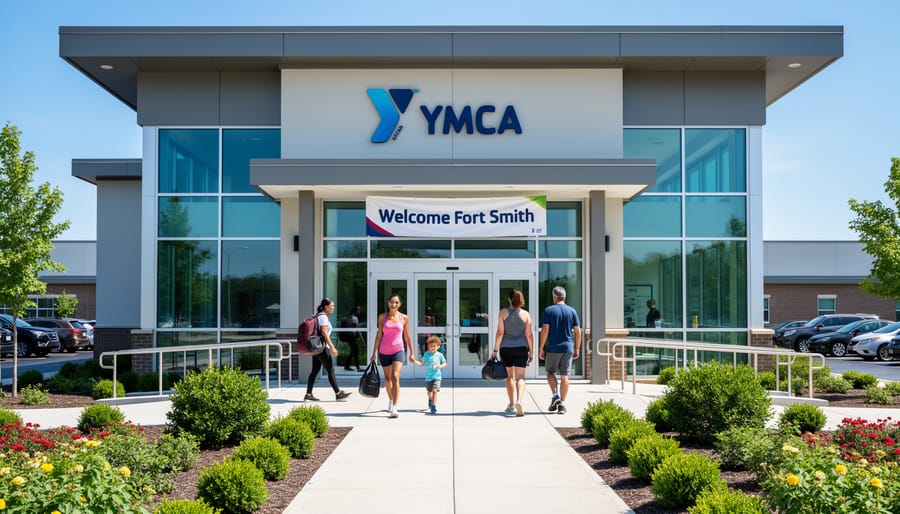 Families walking toward the Fort Smith YMCA entrance on a sunny morning