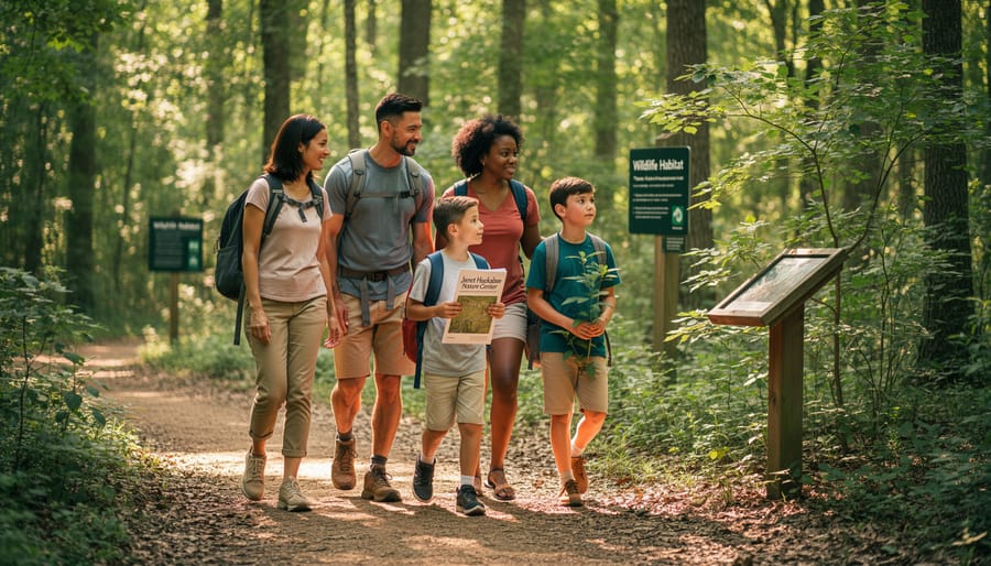 Family hiking on a wooded trail at Janet Huckabee Arkansas River Valley Nature Center