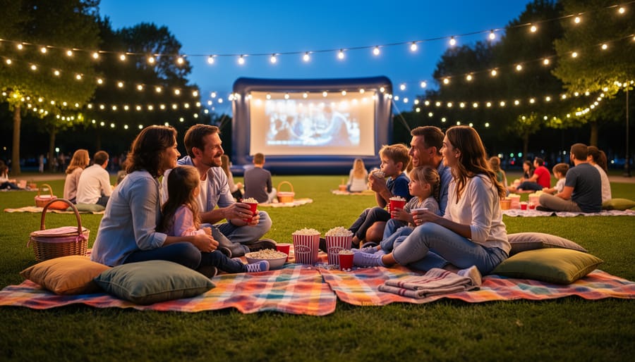 Family sitting on blankets watching an outdoor movie in a park at dusk