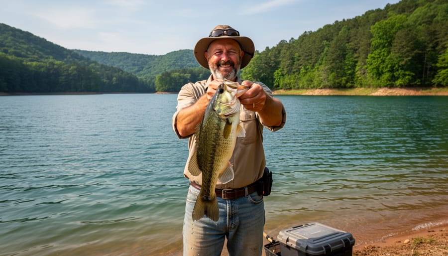 Fisherman holding a bass near the shoreline at Lake Fort Smith State Park