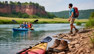 Family kayaking on the Arkansas River near the Fort Smith shoreline with hikers on a nearby trail and prairie bluffs in the background