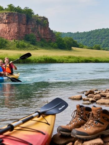 Family kayaking on the Arkansas River near the Fort Smith shoreline with hikers on a nearby trail and prairie bluffs in the background