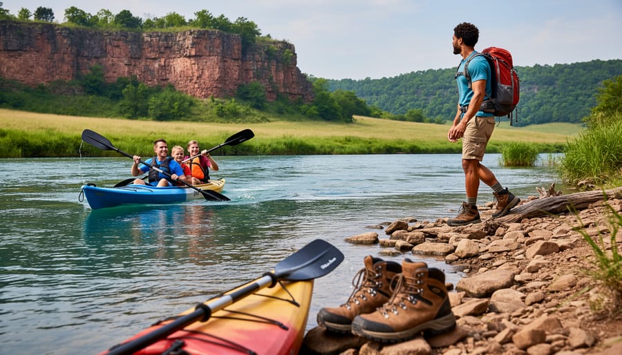 Family kayaking on the Arkansas River near the Fort Smith shoreline with hikers on a nearby trail and prairie bluffs in the background