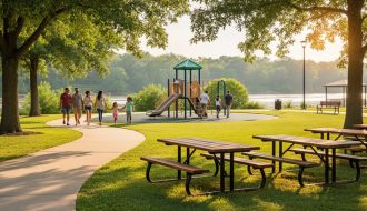 Families walking along a paved path in a Fort Smith park during golden hour, with picnic tables, a playground, and trees in the background.