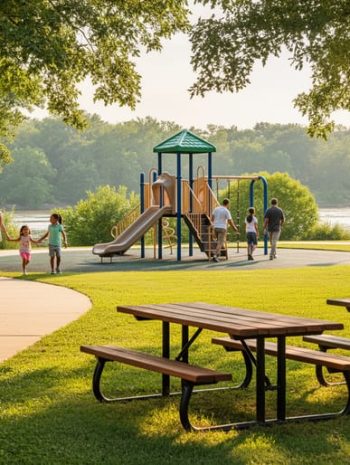 Families walking along a paved path in a Fort Smith park during golden hour, with picnic tables, a playground, and trees in the background.