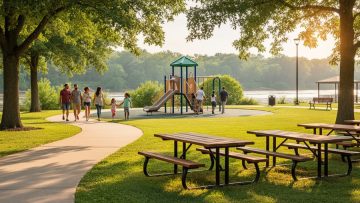 Families walking along a paved path in a Fort Smith park during golden hour, with picnic tables, a playground, and trees in the background.