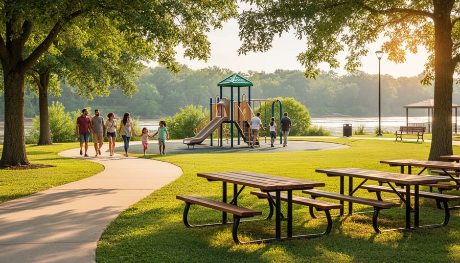 Families walking along a paved path in a Fort Smith park during golden hour, with picnic tables, a playground, and trees in the background.