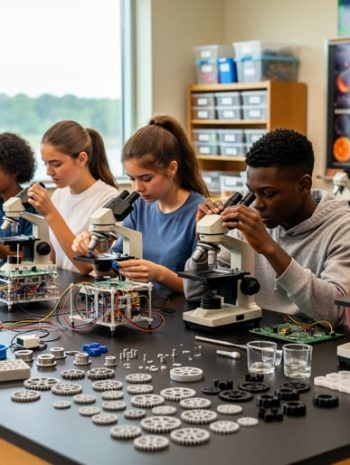 High school students working at lab tables with microscopes and build materials in a classroom, with the Arkansas River visible through the window.