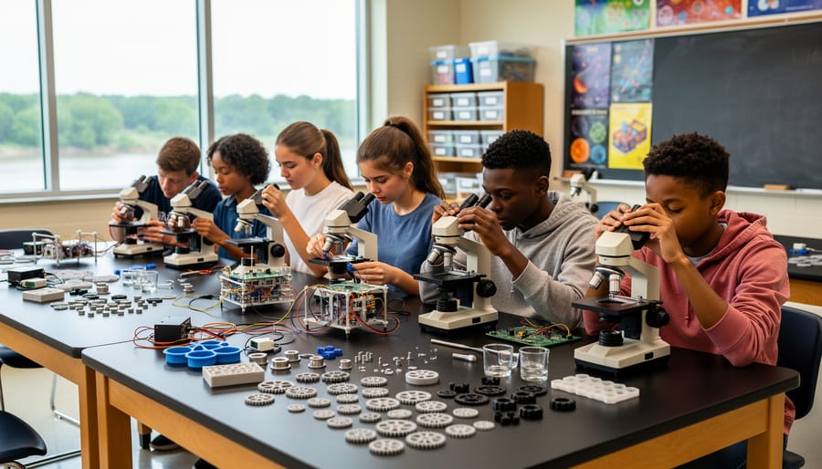 High school students working at lab tables with microscopes and build materials in a classroom, with the Arkansas River visible through the window.