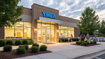Exterior view of the YMCA in Fort Smith, Arkansas, with the entrance and welcoming facade under soft daylight.