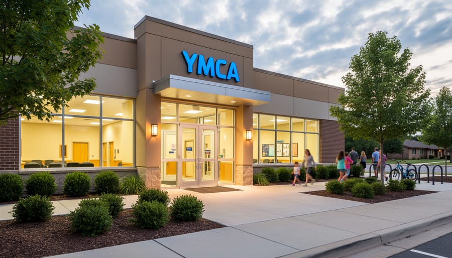 Exterior view of the YMCA in Fort Smith, Arkansas, with the entrance and welcoming facade under soft daylight.