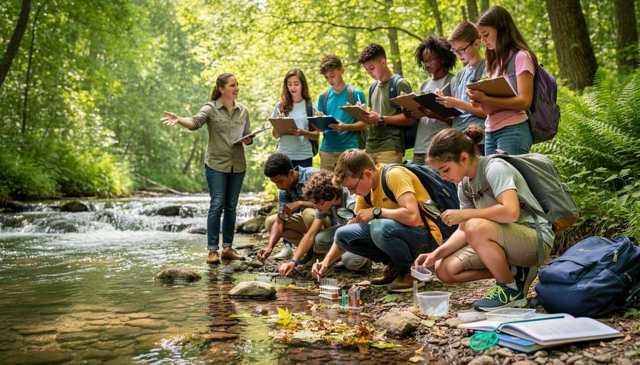 Students in outdoor gear examining rocks and water samples beside a forest creek